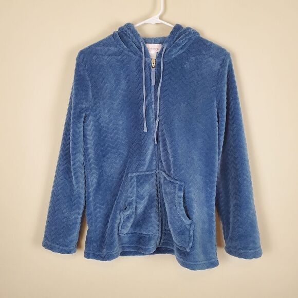 Stan Herman Blue Chevron Soft Plush Zip Up Hooded Jacket Size medium - Picture 1 of 6